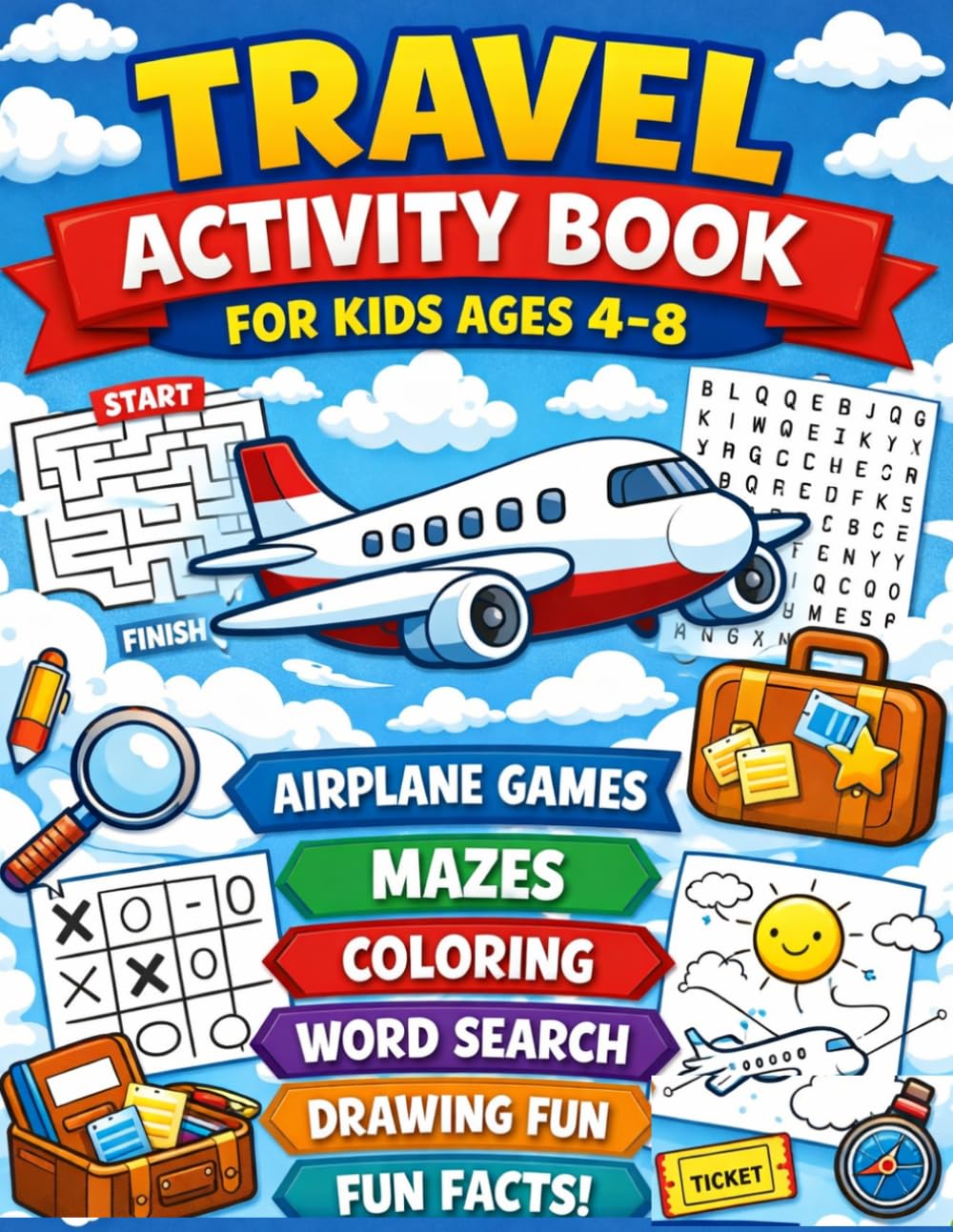 Travel Activity Book for Kids Ages 4–8: Airplane Games, Screen-Free Activities, Mazes, Coloring, Word Search, Drawing & Fun Facts to Keep Kids Busy, Quiet & Happy on Flights and Road Trips