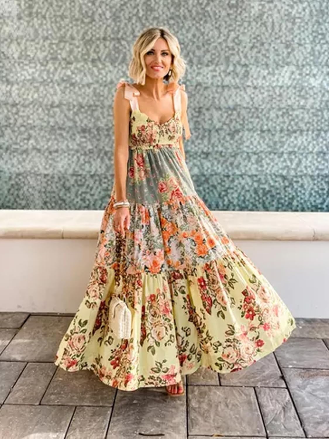 Women Floral Maxi Dress Sundress Tie Shoulder Smocked Flowy Bohemian Dresses Summer Fall with Pockets - Image 3