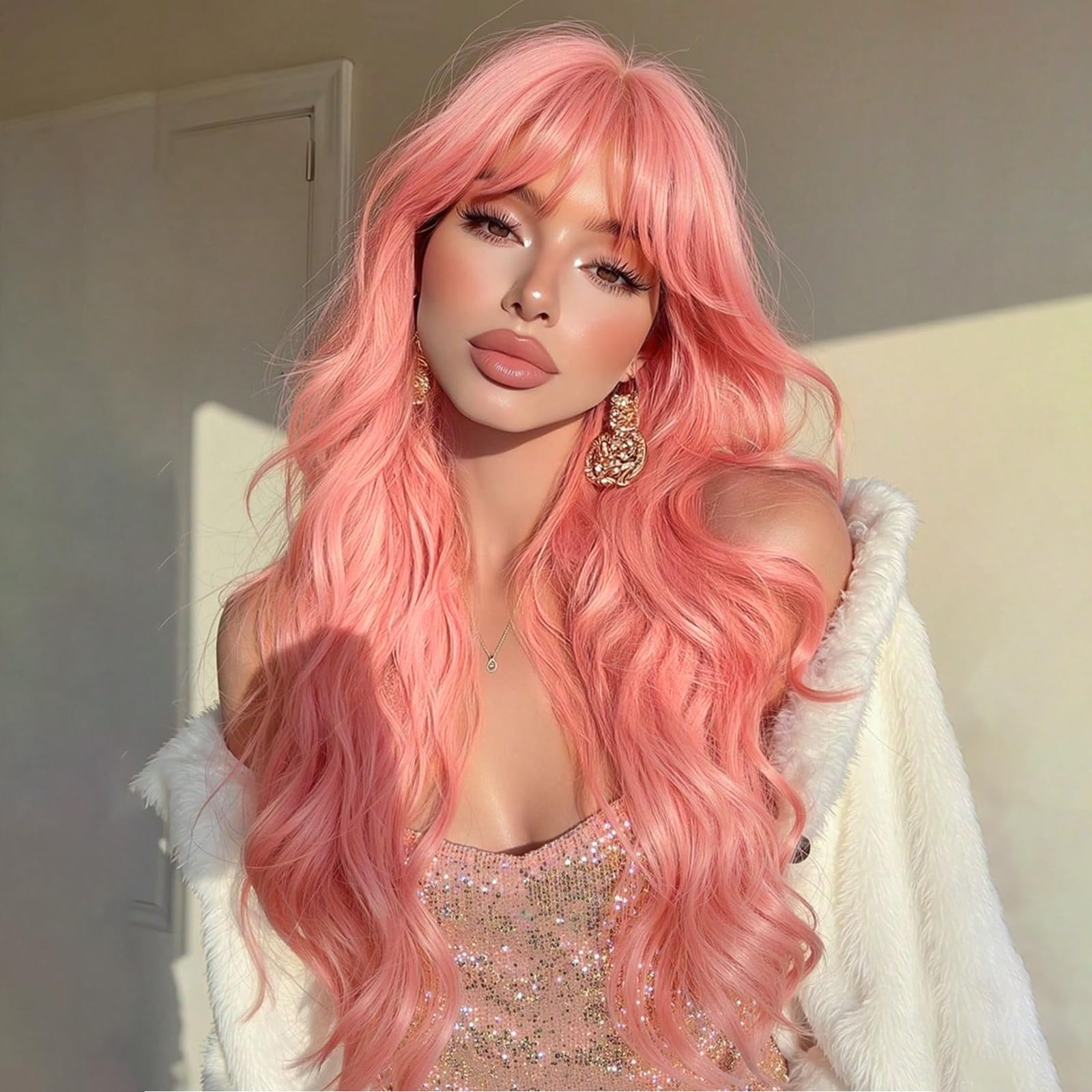 NOSTALGIA Pink Wig With Bangs Long Wavy Wigs for Women 26 Inch Curly Wavy Wig With Bangs skin-friendly synthetic fibersc for Women Girls Daily Party