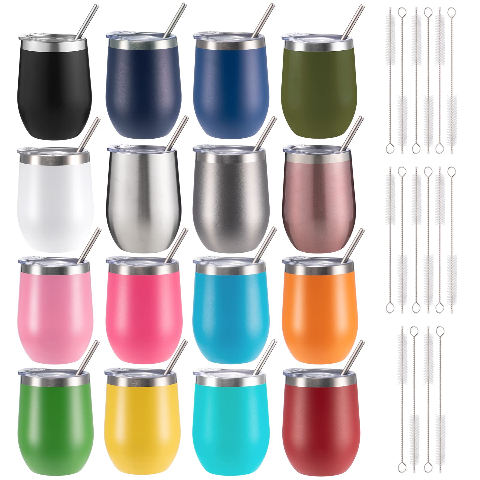 12 oz Insulated Wine Tumbler with Lid and Straw,Stainless Steel Stemless Wine Tumbler Glasses 16 Packs Double Wall Vacuum Wine Cups Tumbler Bulk for Champaign,Beer,Cocktail,Office,16 Colors