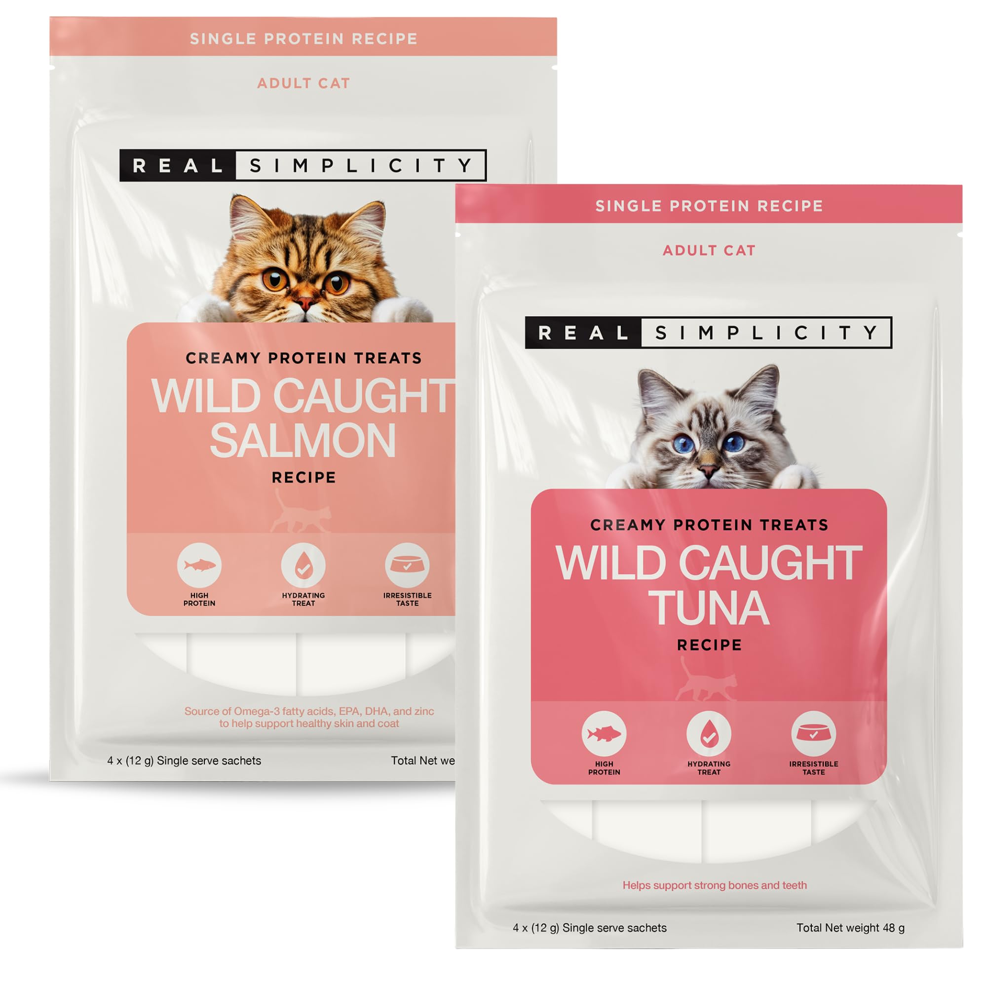 Real Simplicity Premium Lickable Cat Treats, Wild-Caught Fish Collection, 44% Salmon & Tuna, High Meat Single Protein, Grain Free Cat Food Topper, Adult Cats, 16 x 12g (4 Packs) โ image 1