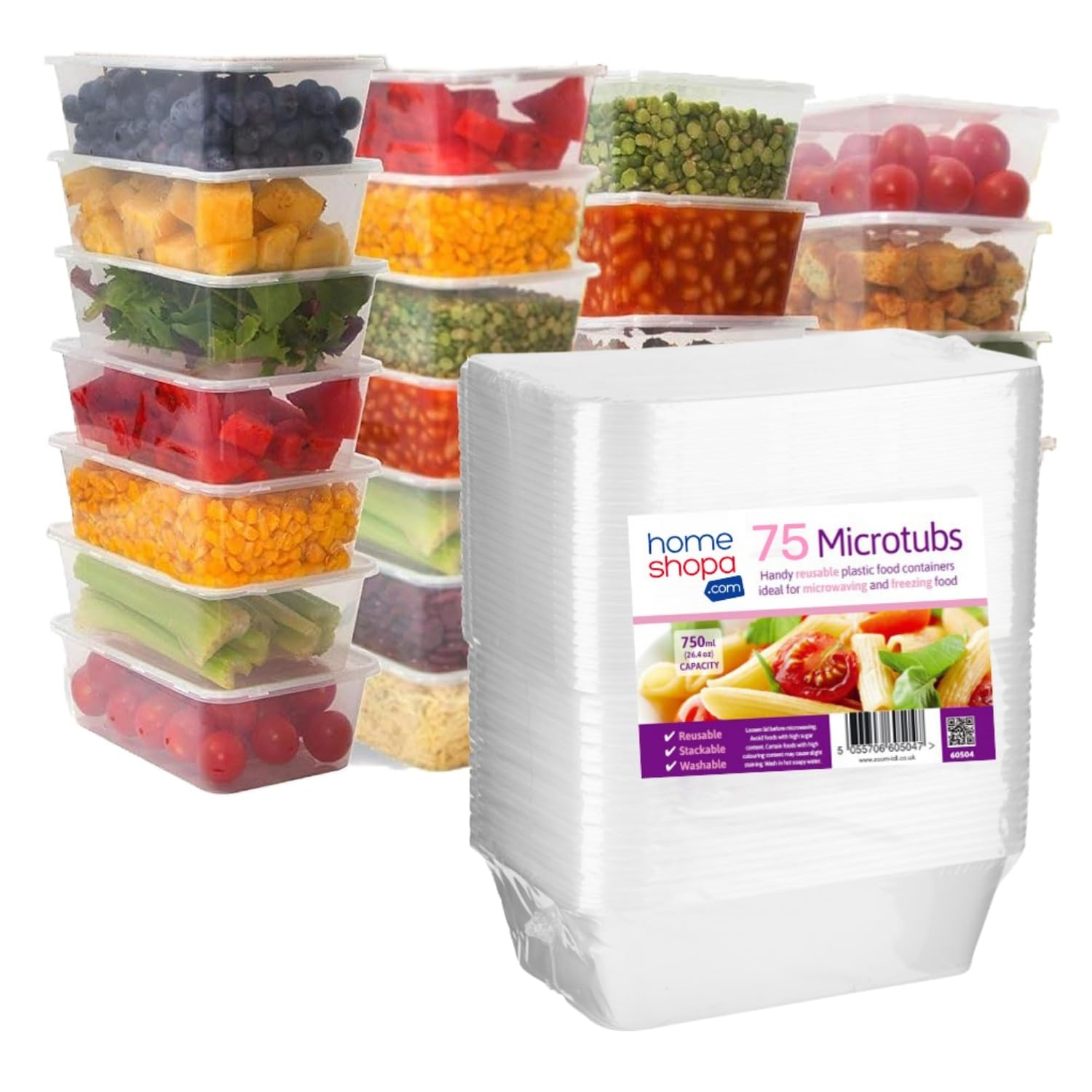 Homeshopa.com Homeshopa Plastic Food Storage Containers, 75 Pack 750Ml Clear Rectangular Microwave Takeaway Tubs With Lids, Bpa Free Stackable Airtight Reusable, Dishwasher & Freezer Safe