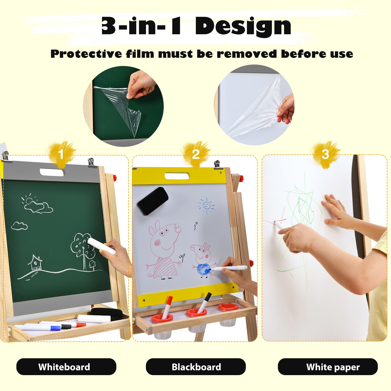 HOMASIS 3 in 1 Lavagna per Bambini con Cavalletto, Lavagnetta Magnetica Bambini con Altezze Regolabili, Lavagna a Doppia Faccia con Vassoio, Giocattolo Educativo Creativo per Bambini (Grigio)