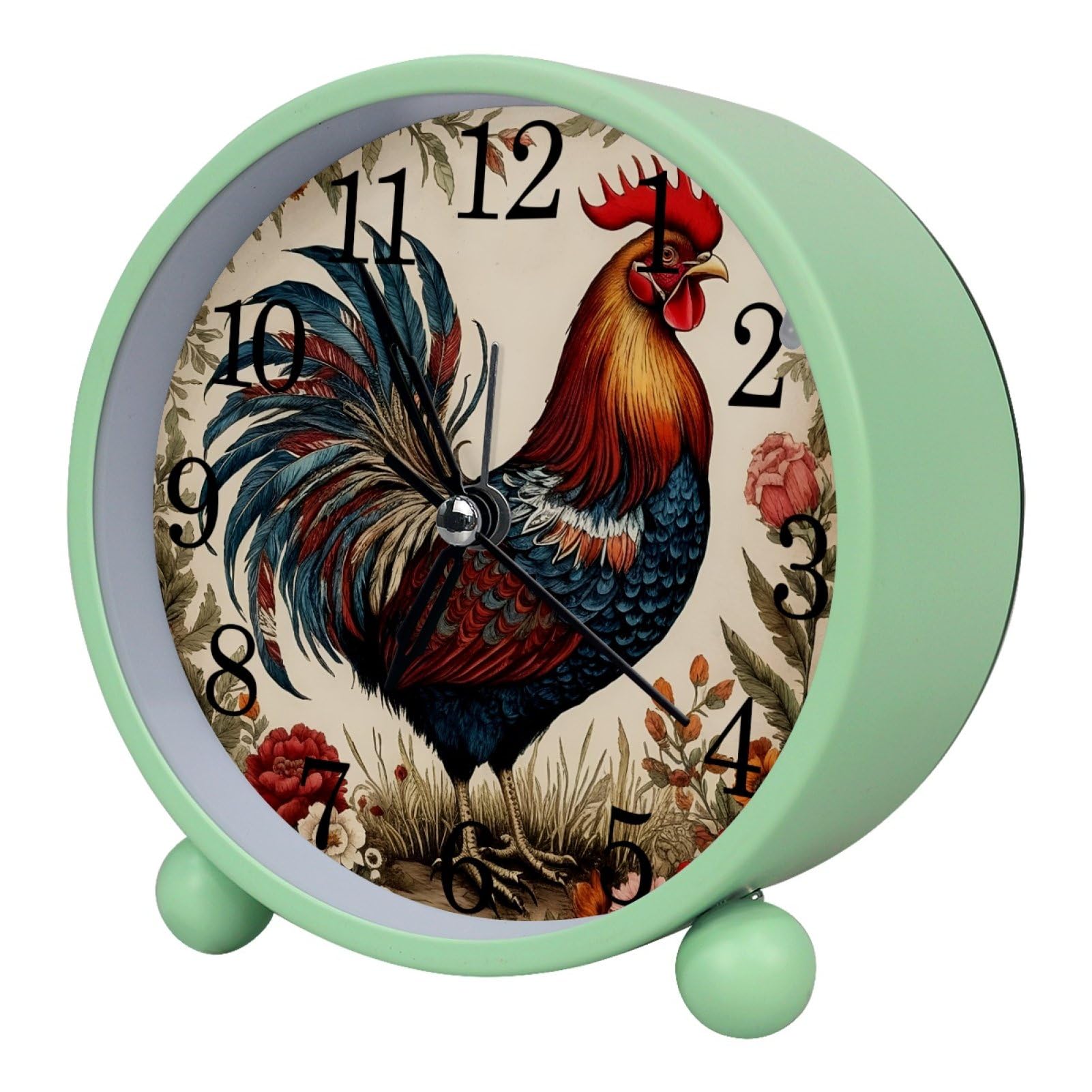 etoenbrc Rooster and Flowers 10.9" Alarm Clock,Small Battery Operated Clock, Slient Plastic Table Clock for Living Room Decor,Bedroom,Office
