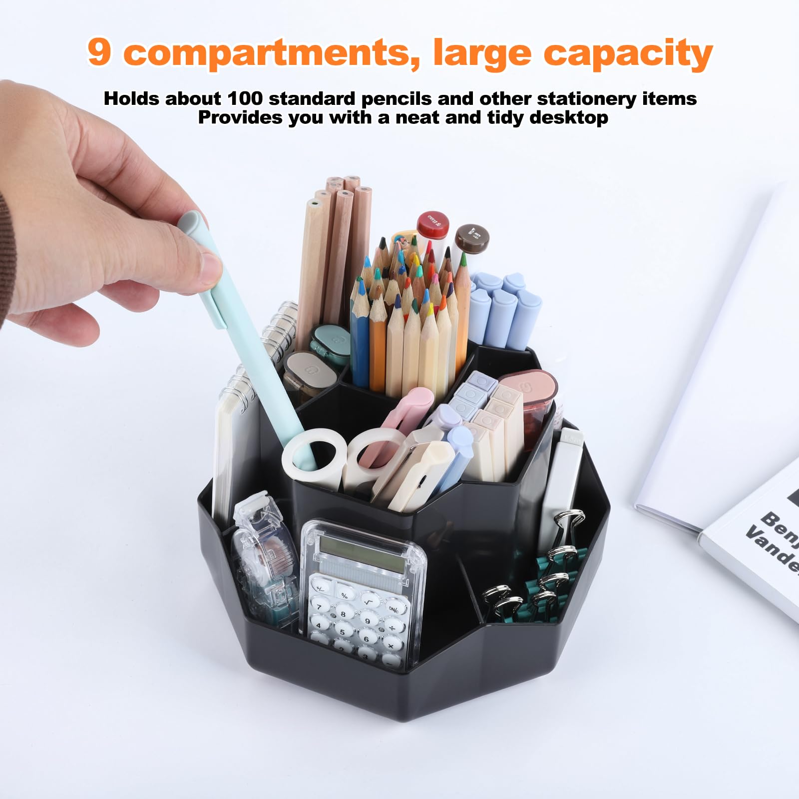 FRETONBA 360° Rotating Pen Holder, 9 Slots Pencil Pen Pot for Desk Cute Stationery Supplies Organiser - Image 2
