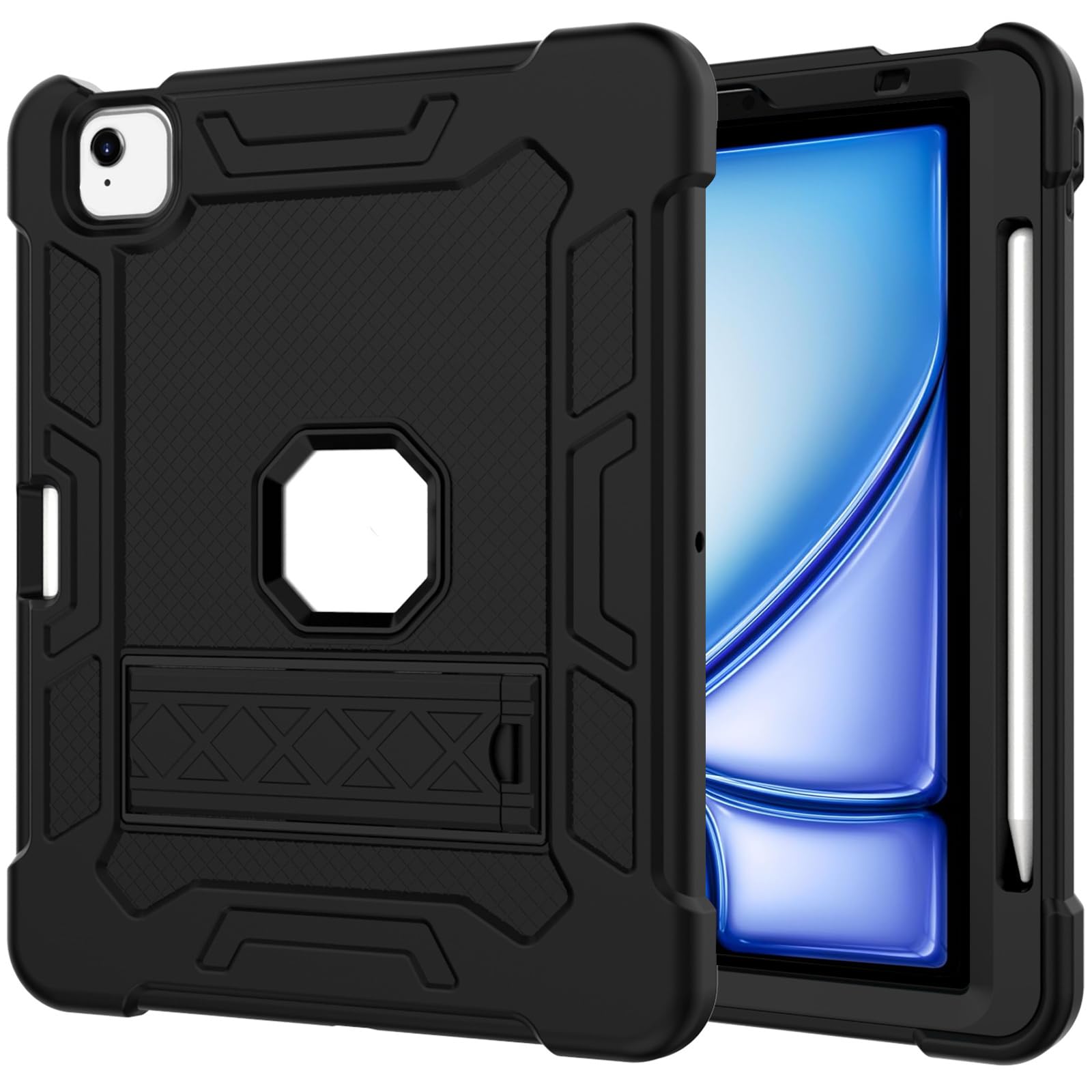 ProCase Rugged Case for iPad Air 11-inch M2 2024 / Air 5 / Air 4 10.9 Heavy Duty Shockproof Case with Pencil Holder Kickstand for iPad Air 5th Gen 2022 / 4th Gen 2020 10.9 inch A2588 A2590 -Black