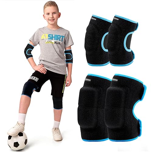 YEEKORO Juego de rodilleras y coderas para niños, rodilleras ajustables para jóvenes, juegos de protección con almohadillas gruesas SBR para montar,