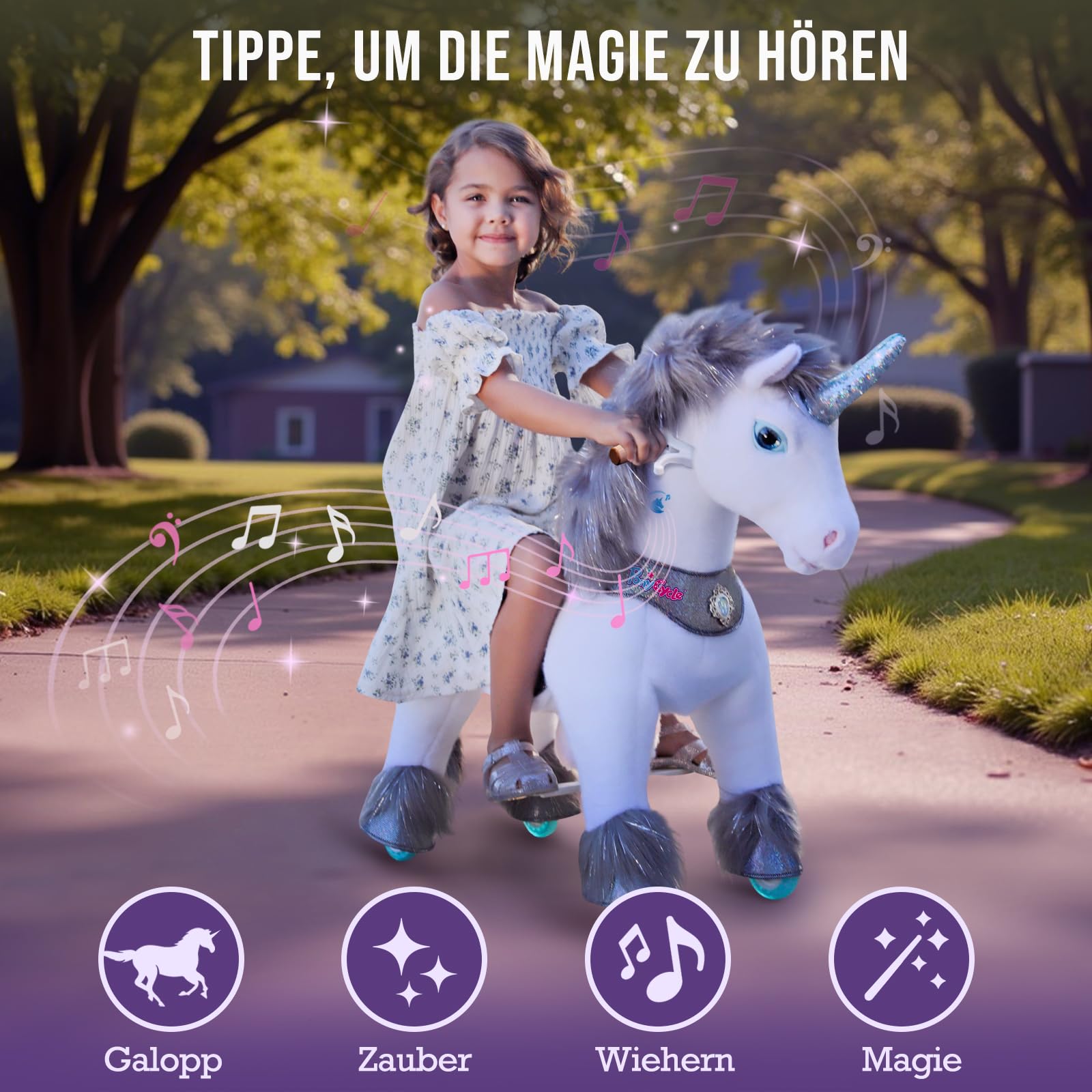 PonyCycle Modell Y Einhorn zum Reiten | Grau | 3-4 Jahre | mit Bremse | Reit-Einhorn für Kinder, Pailletten-Horn & 4 Sounds, beweglicher Sattel, Handbremse, leise Räder, Indoor & Outdoor, Größe 3