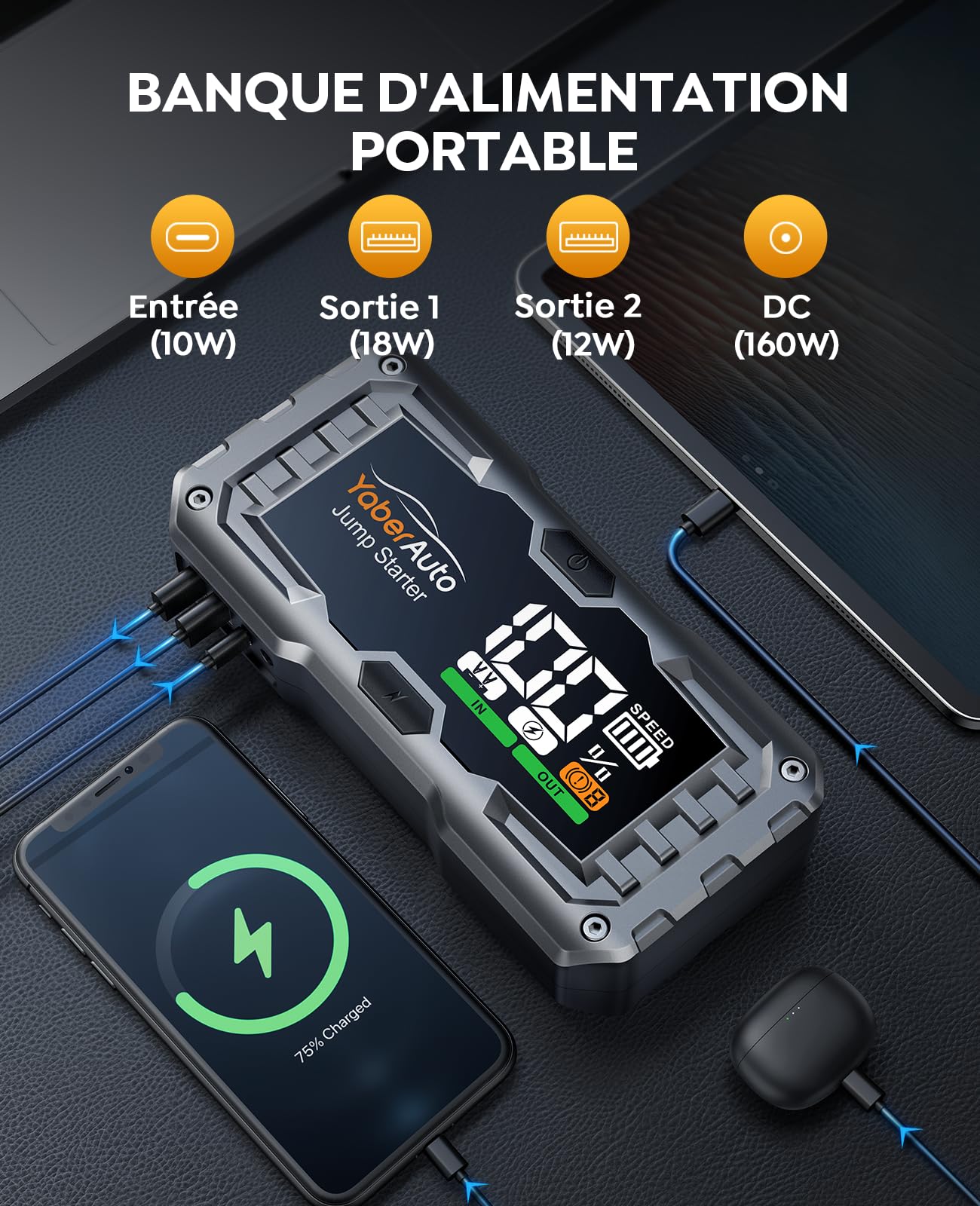 Booster Batterie Voiture 5500A 21800mAh, Portable Jump Starter (Jusqu’à 10,0L Gaz/9,0L Diesel), YaberAuto Démarreur de Voiture avec Câble Rallongé, Grand Écran et Lumière LED