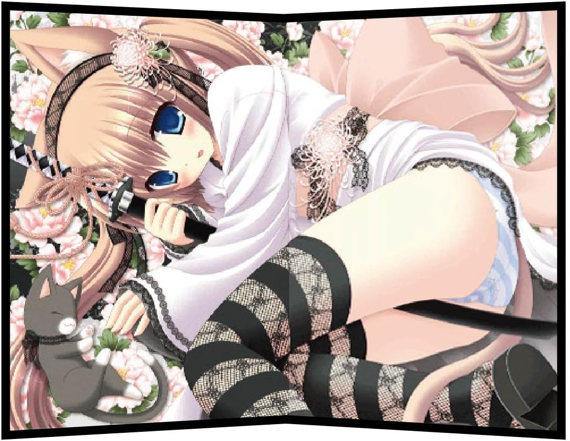 DecorArts Poster Panel ( Art & Anime Painting ) Folds in half H10.9 x W15.7 Wooden Folding Screen Prints On Japanese Paper 【 Girl with cat ears, sword and Japanese clothing 】