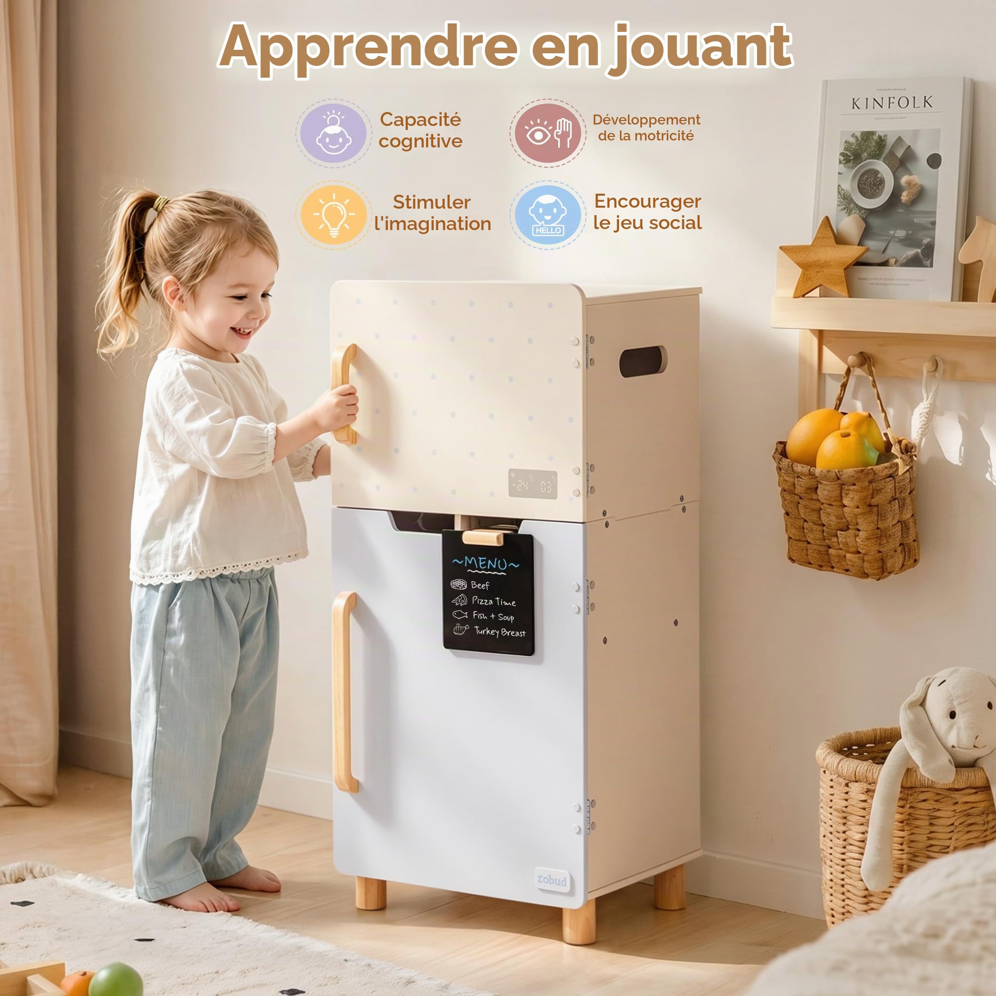 ROBUD Ensemble de Jeu réfrigérateur en Bois pour Enfants, avec Tableau Noir, Compartiment congélateur et Accessoires, réfrigérateur de Jeu pour la Cuisine, pour Les garçons Les Filles 3+