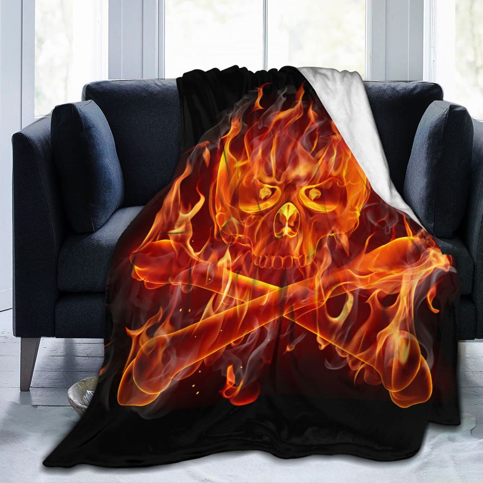 Lsjuee Fire Skull and Bones Throw Blanket Warm Cozy Blankets Lightweight Soft Flannel Horror Halloween Blanket for Sofa Couch Bed Office 60"X50"