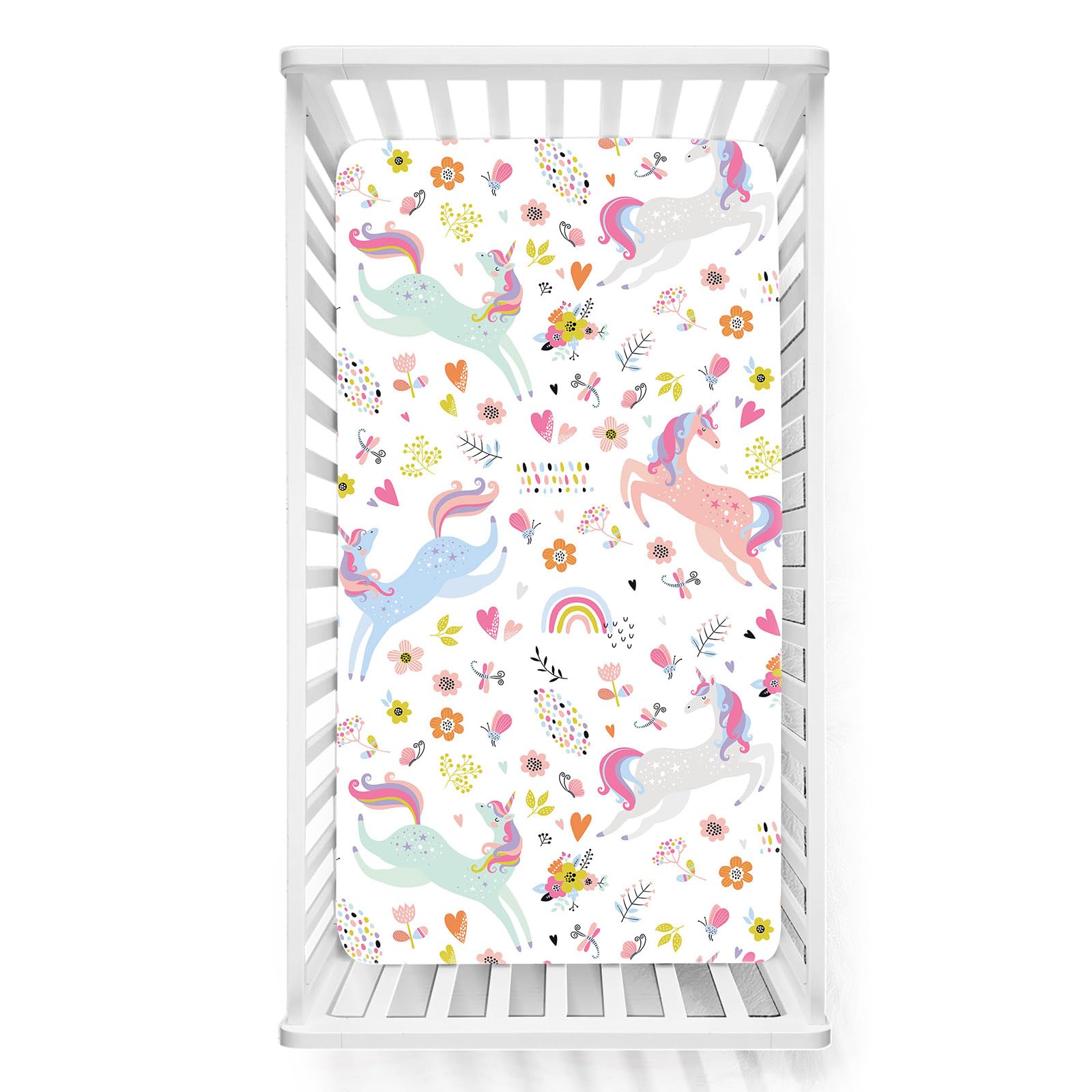 Odot Cot Bed Sheets, Cartoon Horse Print Bedside Cribs Fitted Sheets, Baby Bed Sheets Microfiber Cot Bed Mattress Protector, Bassinet Sheets, Easy Care Soft and Dureable (White 2,65x95 cm)