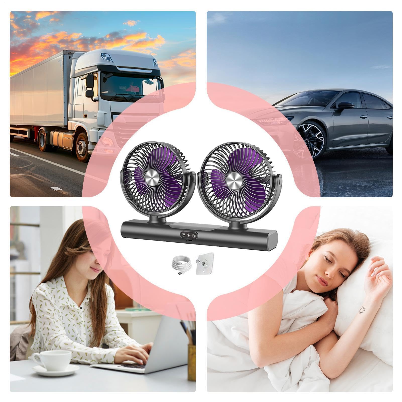 Ventilatore Di Raffreddamento Per Automobili - Doppia Testa USB Ricaricabile A 3 Velocità,Ventola per Cruscotto di Camion,per Veicoli di Vari Tipi inclusi Rimorchi Autovetture Berlina Pick-up ATV SUV