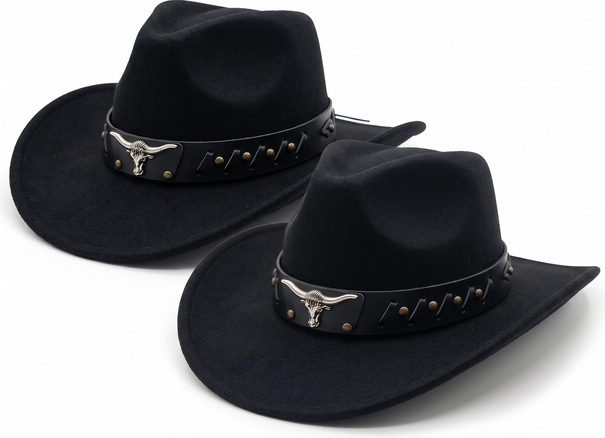 2pc Western Cowboy Hats for Men and Women - Classic Cowboy Hats for Adults with Bulls Head Design - Cow Boy Costume Accessories for Wild West Fancy Dress - Country and Western (2pcs Black)