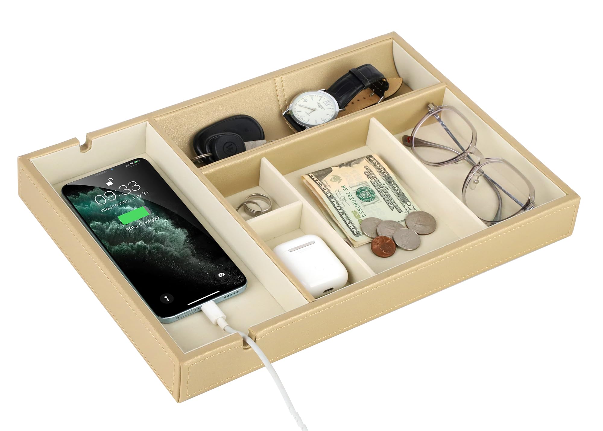 HofferRuffer Faux Leather Valet Tray for Gift,Nightstand Organizer Decorative Dresser Tray Box with Phone Charging Station Organizer Holder, Storage Catchall Tray for Men and Women (Gold)