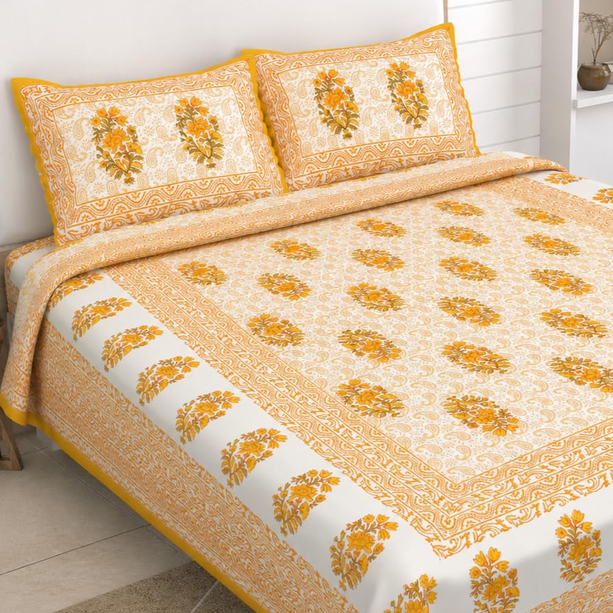 Image of JAIPUR PRINTS 100% Cotton Bedsheet for Double Size Bed bedsheets Rajasthani Jaipuri Printed Double Size Bedsheet with 2 Pillow Cover / 90x100 inch / 235x215 cm / (Light Yellow)