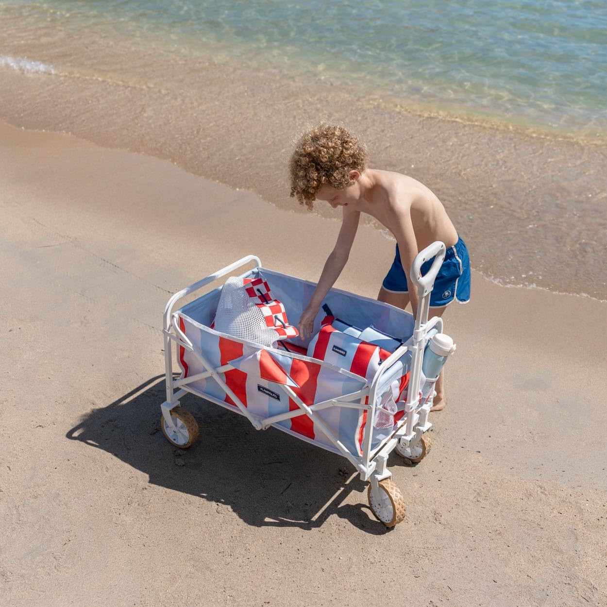 Flamingueo Bollerwagen Faltbar - Für Kinder - Für Strand und Garten - Mit Rädern - 360º Drehbar - Schutztasche - Doppelbecherhalter - Polyester und Stahl - Mehrfarbig