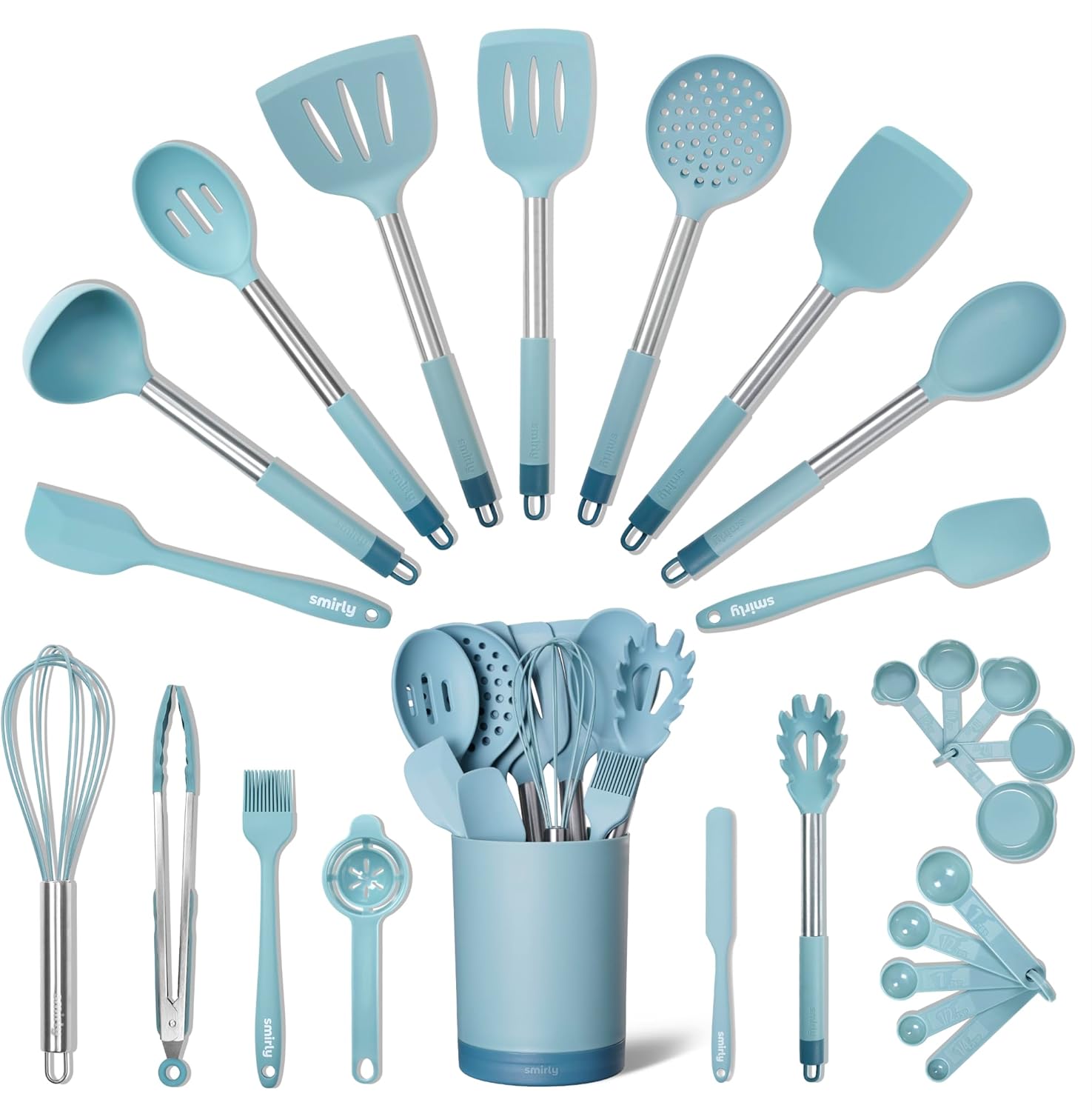 SMIRLY Kitchen Utensils Set – 26-Piece Silicone Cooking Utensils Set, Spatula Set with Holder, Stainless Steel Handle Silicone Kitchen Gadgets for Nonstick Cookware