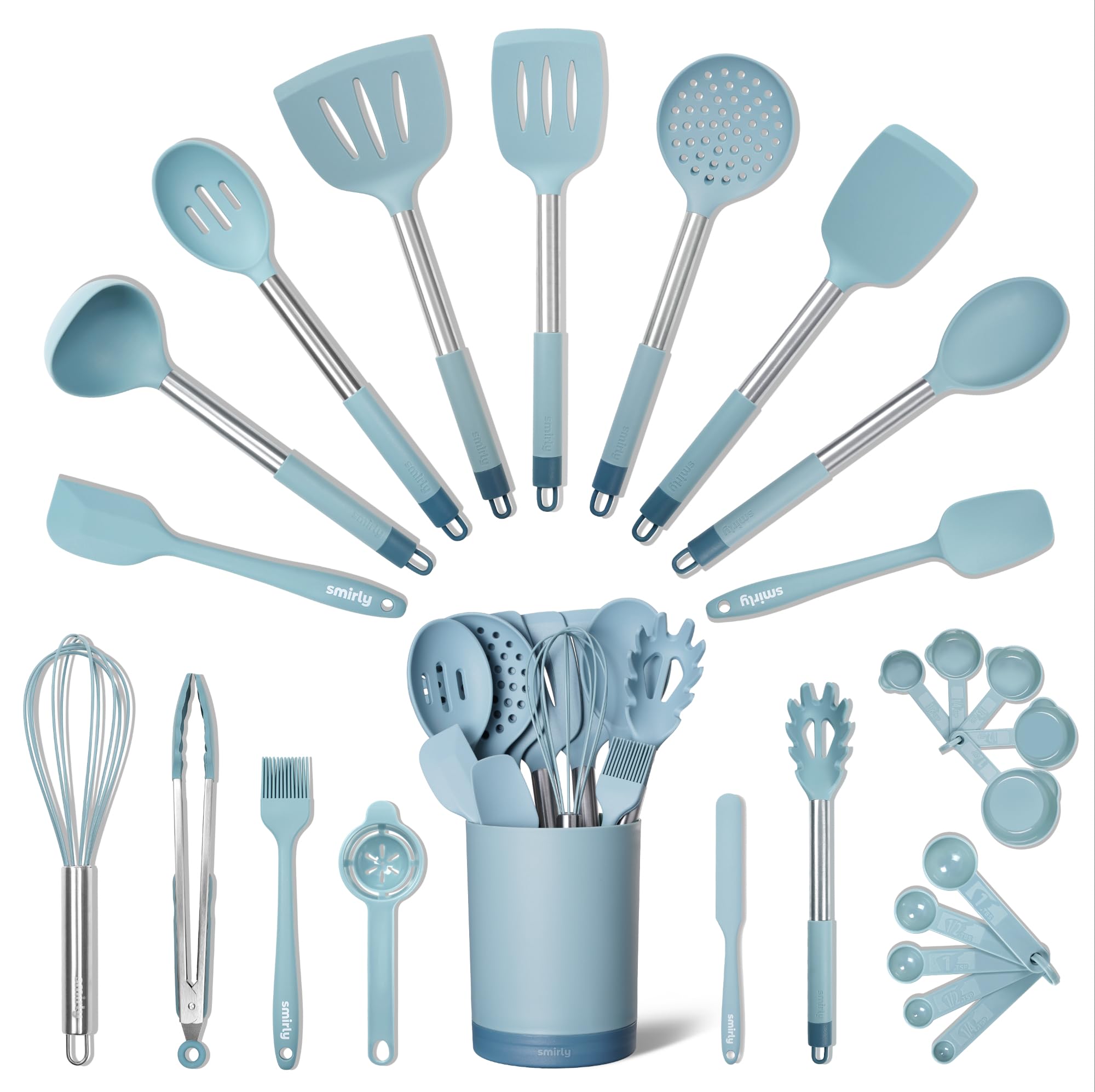 SMIRLY Silicone Kitchen Utensils Set with Holder - Silicone Cooking Utensils Set for Nonstick Cookware, Kitchen Spatula Set & Kitchen Essentials, Home Kitchen Tools & Accessories Set - Blue