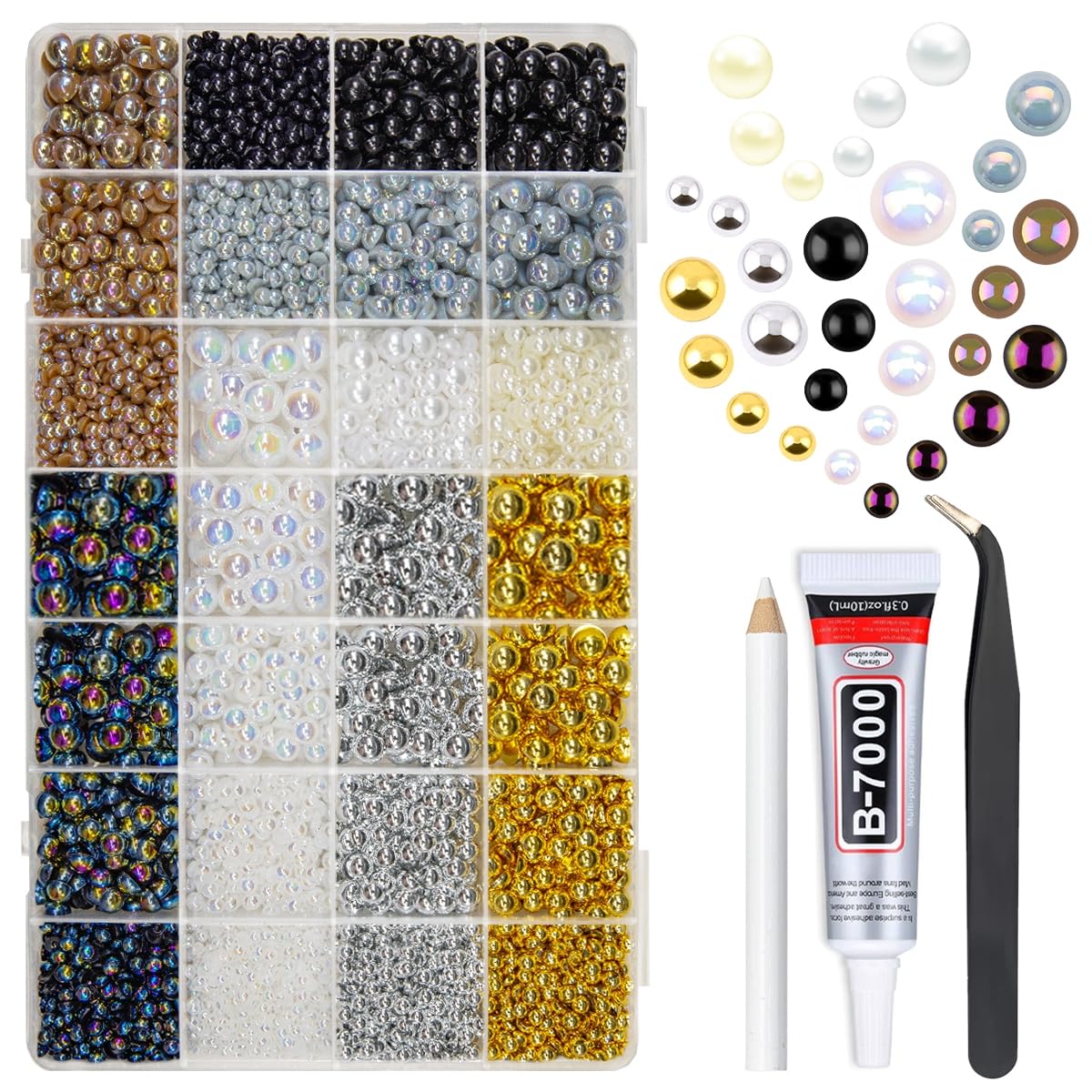 qiipii 28 Types Flatback Half Pearls w B7000 Jewelry Glue for Bedazzling Crafting 3mm 4mm 6mm 8mm 10mm Colorful Golden Silver Black White AB Charms