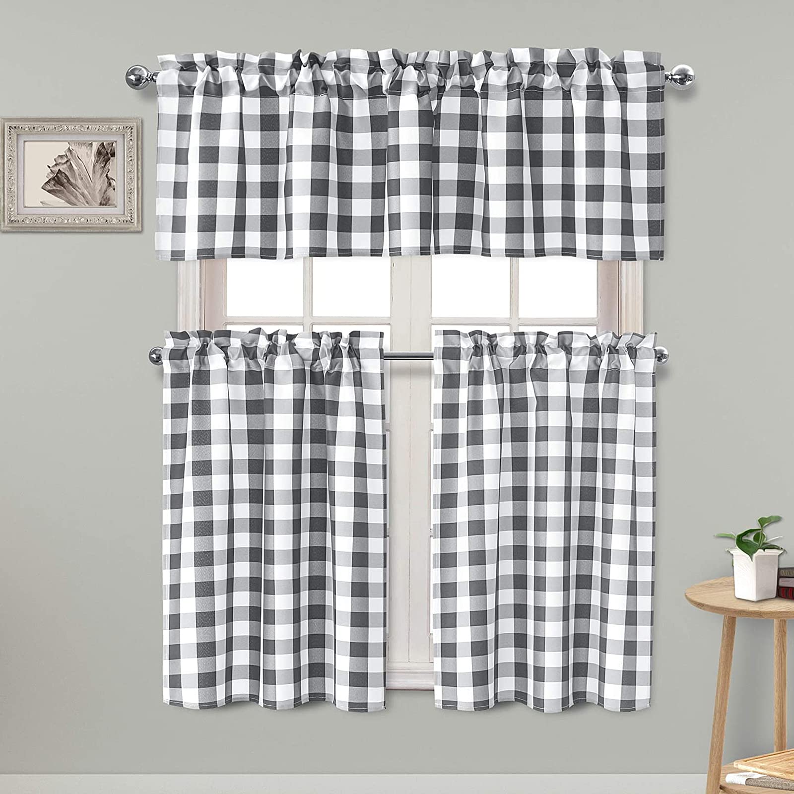 Hiasan Lot de 3 Rideaux de Cuisine Semi-Transparents Gris - Protection de