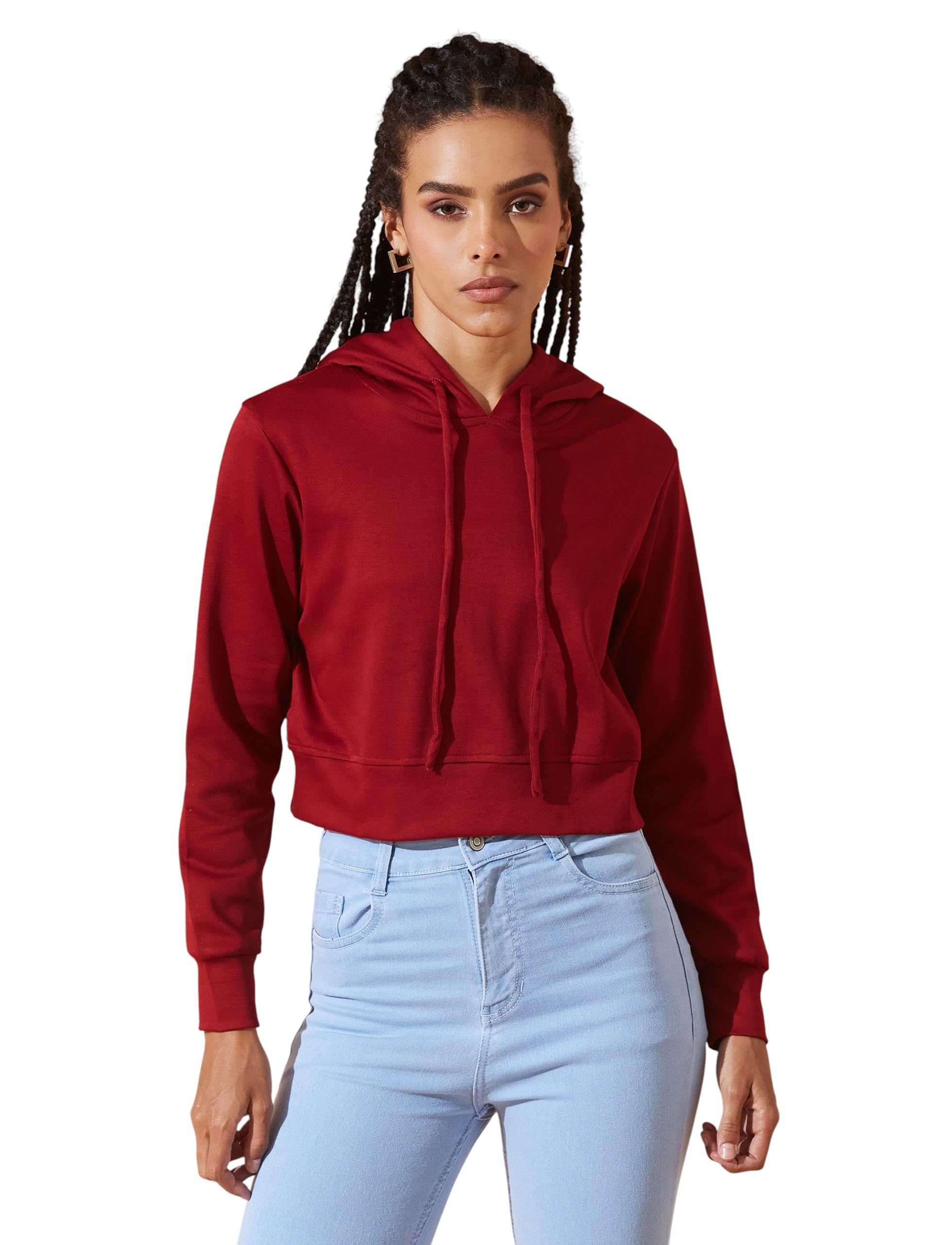 dolce crudo Women's Round Neck Full Sleeve Hooded Boxy Crop Sweatshirt-picture-29