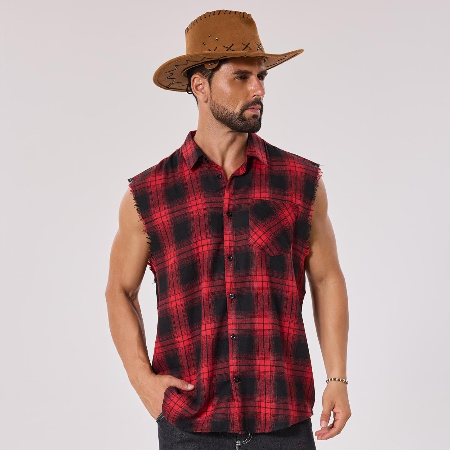 Sleeveless Flannel Shirt Men - Lightweight Plaid Casual Button Down Shirt Cowboy Vest with Raw Hem - Image 4