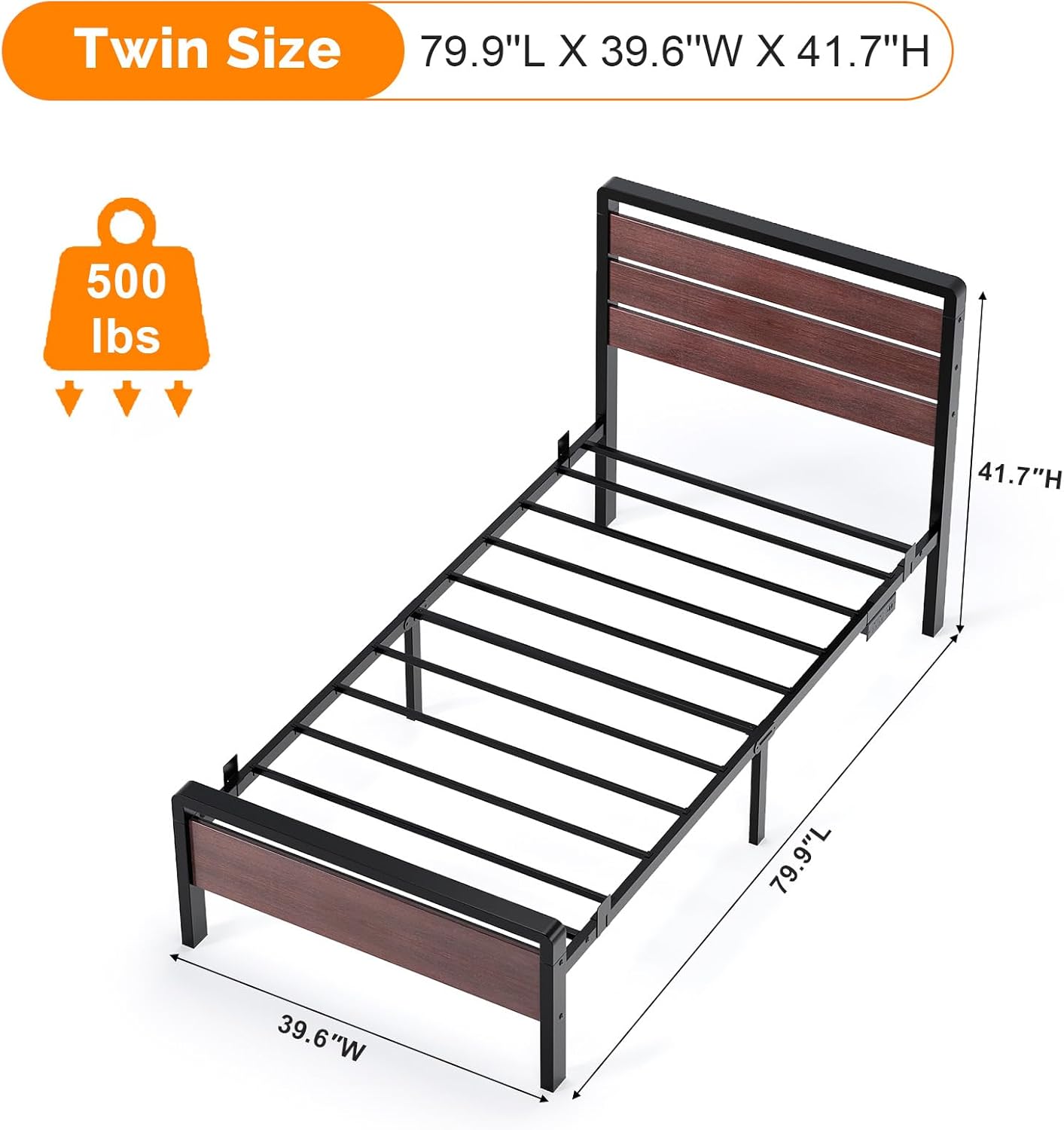 VINGLI Kids Twin Bed Frame with LED Headboard & Footboard, USB Charging Station, Metal Single Platform with 12-Inch Under Bed Storage Space for Dorm Bedroom Teen Guest Room, Mahogany Brown