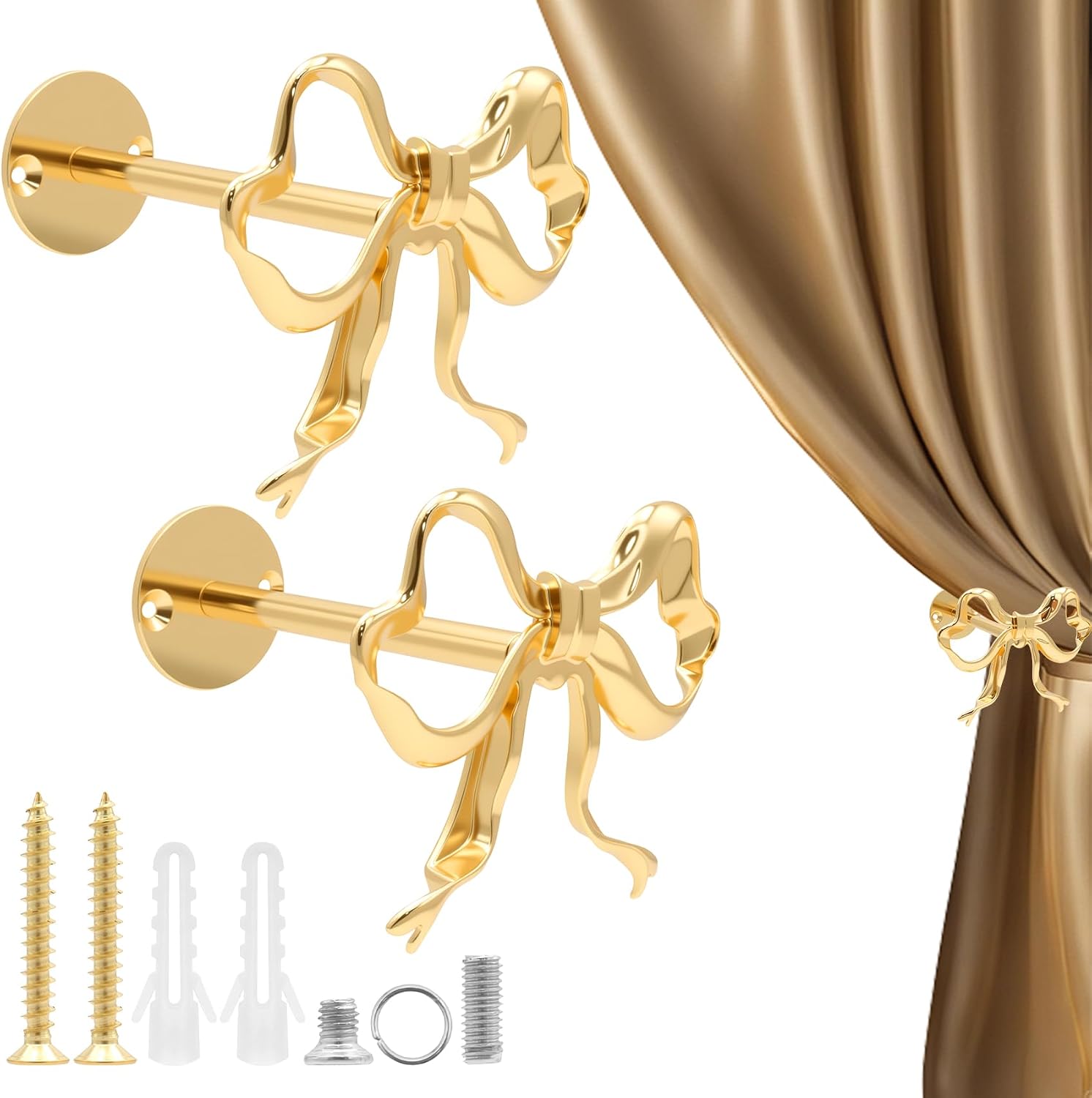 2Pack Gold Bow Curtain Holdbacks Tiebacks for Wall Heavy Duty | Curtain Wall Mounted Holder Decorative Tiebacks Accessories Side Holder Pull Back Hooks for Home Office Drapes Window Decor