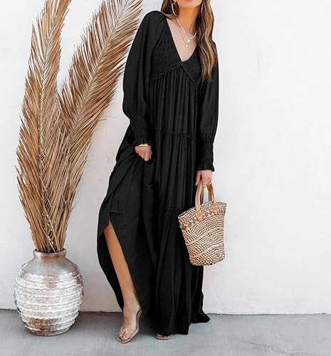 Miniatura 5 de R.Vivimos Vestido largo para mujer, de manga larga, cuello en V, cintura imperio, con volantes, estilo bohemio, casual, fluido