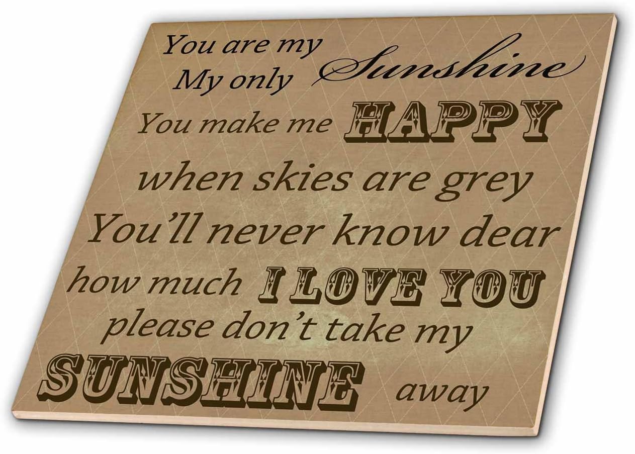 3dRose ct_79152_7 You are My Sunshine in Brown Word Art Vintage Song Glass Tile, 8-Inch