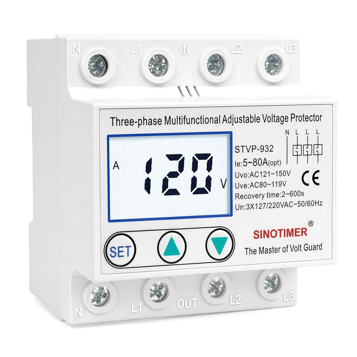 Adjustable 3 Phases 4 Wires Voltage Protector, 220VAC 60Hz 80A Load, Low Consumption LCD Self-Recovery Over and Under Voltage Surge Protection Relay (White Backlights)