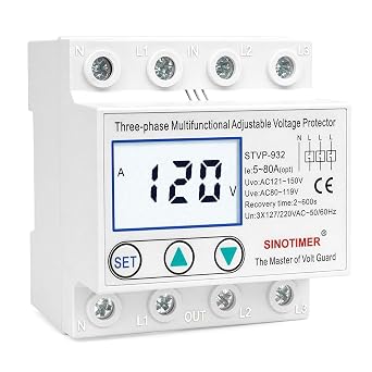 Adjustable 3 Phases 4 Wires Voltage Protector, 220VAC 60Hz 80A Load, Low Consumption LCD Self-Recovery Over and Under Voltage Surge Protection Relay White Backlights