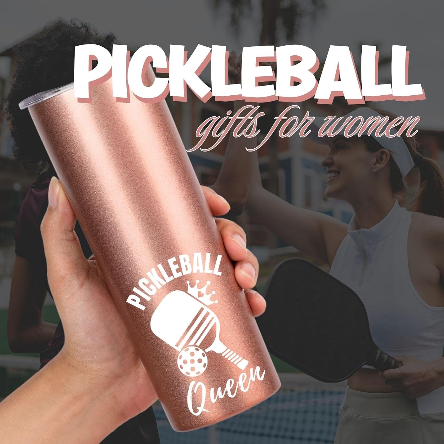 Onebttl Pickleball Gifts for Women, Pickleball Queen, 20 oz Skinny Tumbler with Lid and Straw, Rose Gold - Image 6