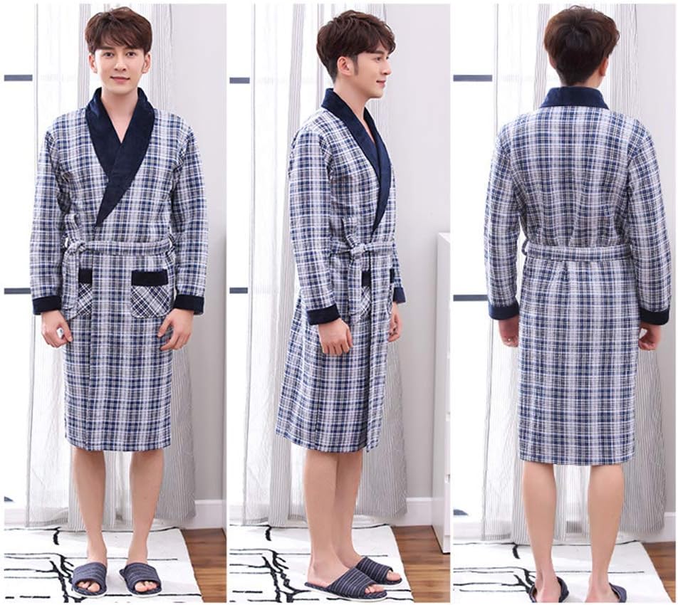 YYZKYTO Pajamas Men's Nightshirts Sleepwear Long-Sleeved Winter Sandwich Nightgown Warm and Comfortable Plus Size Bathrobe Dad Homewear,3-3XL
