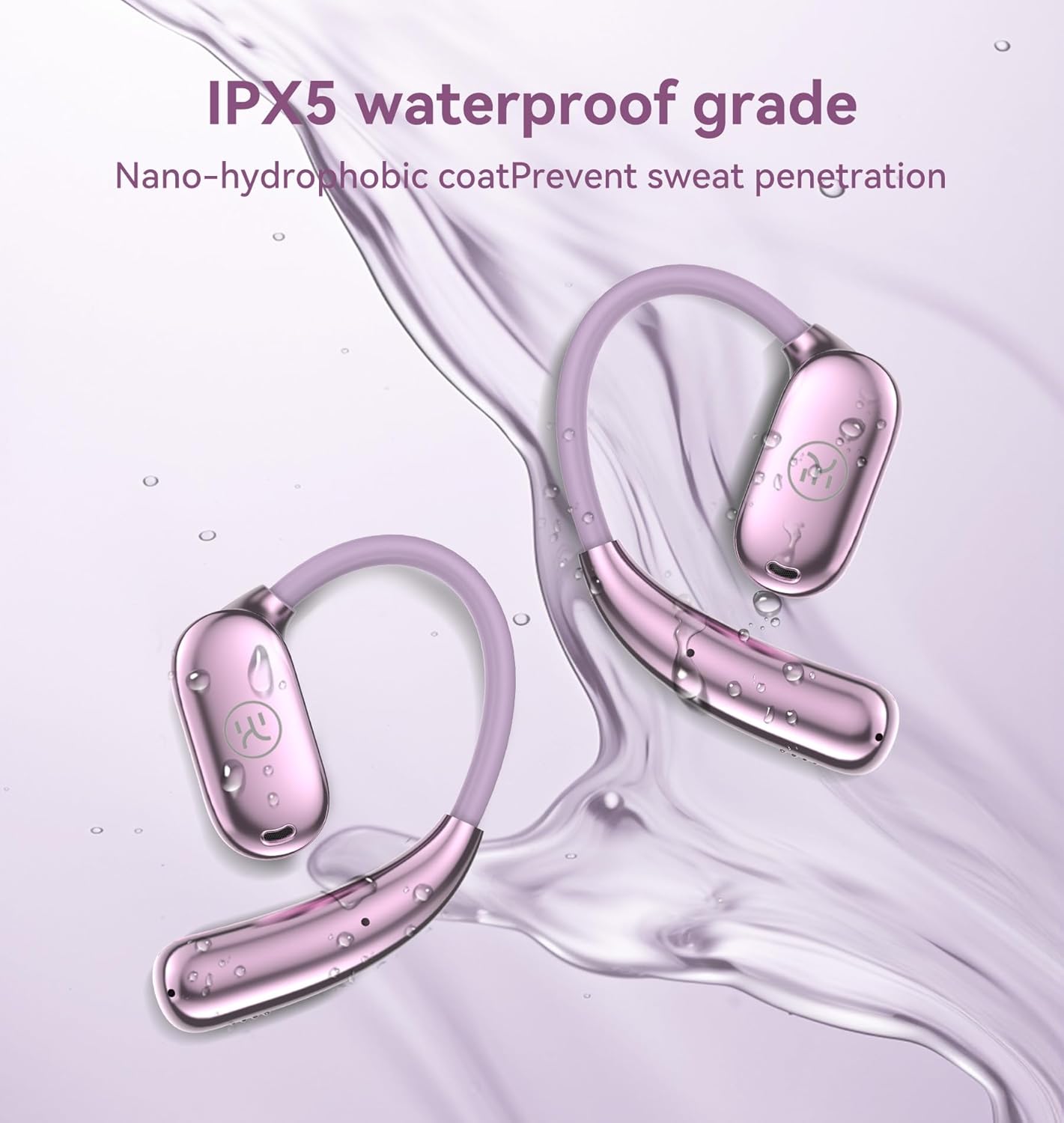 King Lucky i39 open ear headphones with water droplets, illustrating IPX5 water resistance.