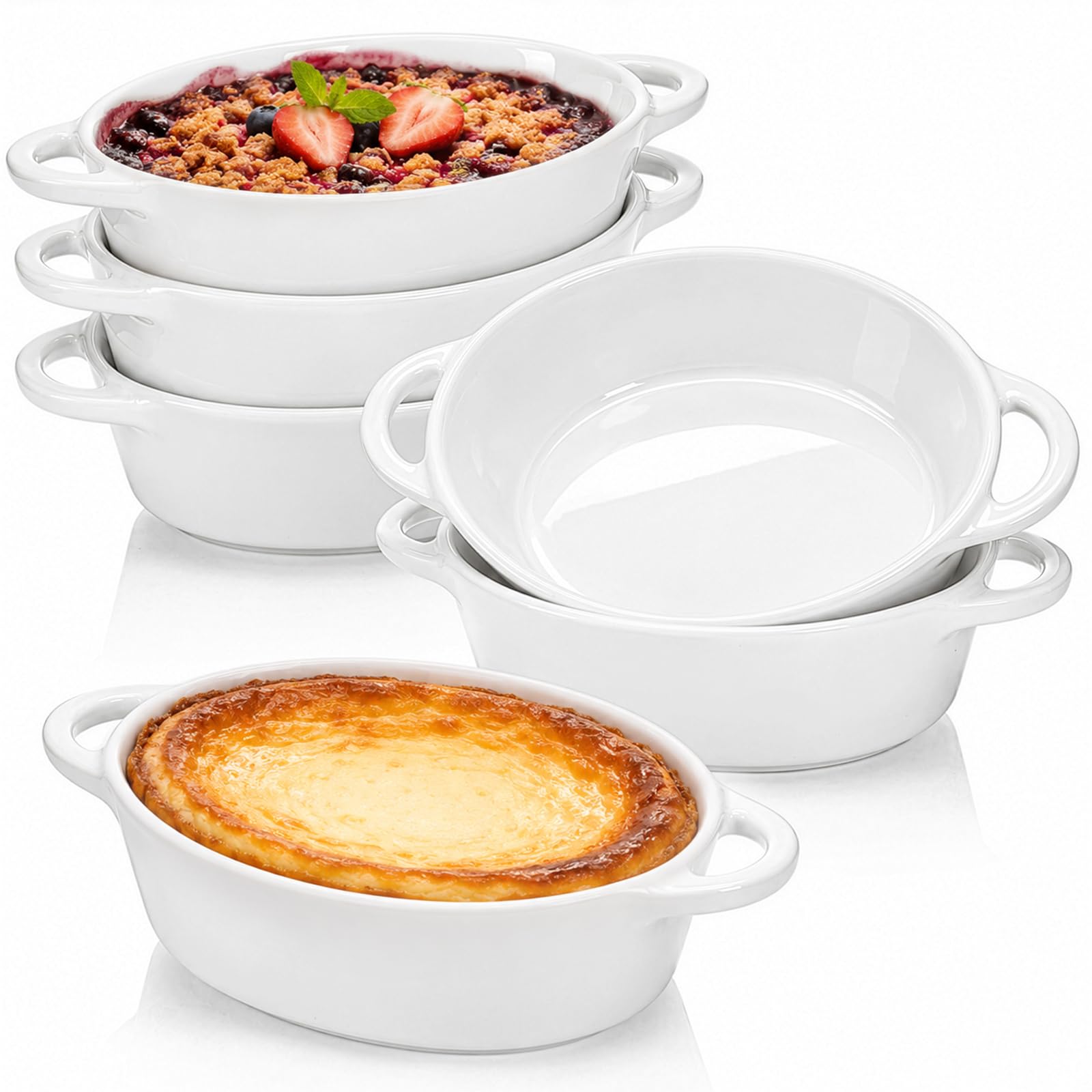 Foraineam Paquete de 6 ramequines de porcelana, 10 onzas, ovalados, de cerámica, para crema, brulee, soufflé, para hornear, ramequín con asas dobles