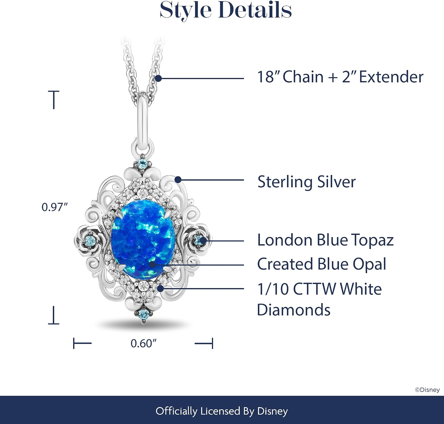 Jewelili Enchanted Disney Fine Jewelry Cinderella Necklace for Women | Sterling Silver | London Blue Topaz Blue Opal & 1/10 CTTW Diamonds | Princess Inspired Jewelry Gifts for Her