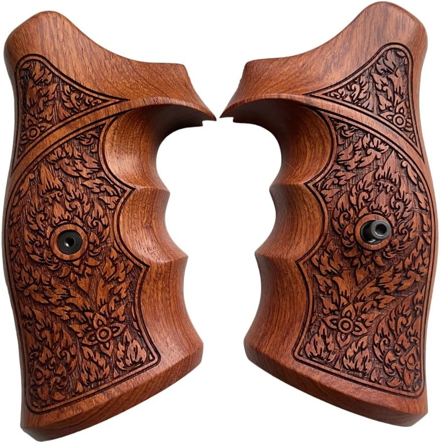 Handmade reproductive Padauk Wood Grips Compatible with Taauuruss Tracker/Judge 17 44 415 425 450 617 627 692, Compact Frame, Thai Art Engraved #TK4