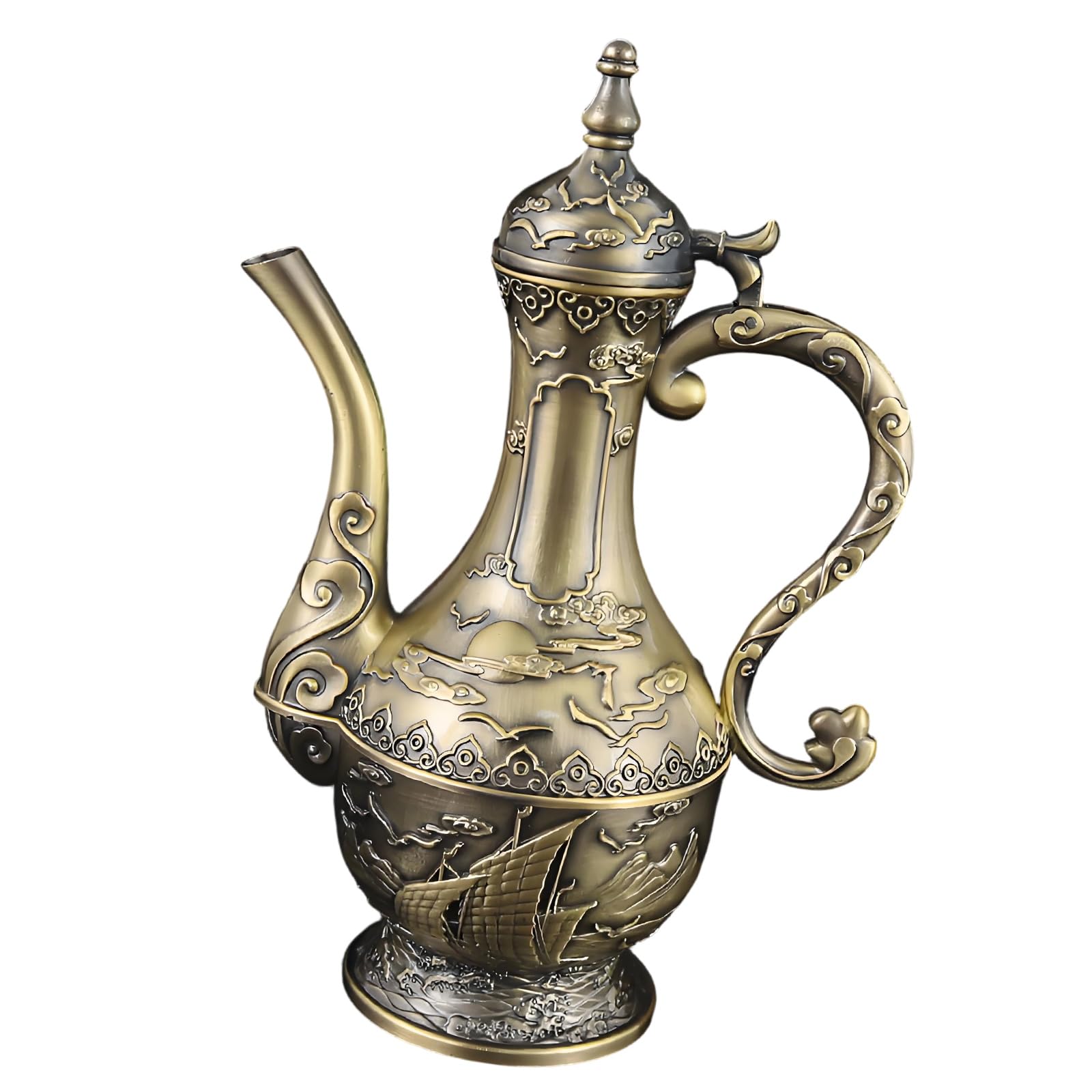 Ornamental Zinc Alloy Wine Ewer, Engraved Vintage Display Vessel for Family Gathering Tables and Home Hosting Decor Ceremonial Drinkware Pitcher Ornate Wine Pots Vintage Home Display Hostess Tabletop