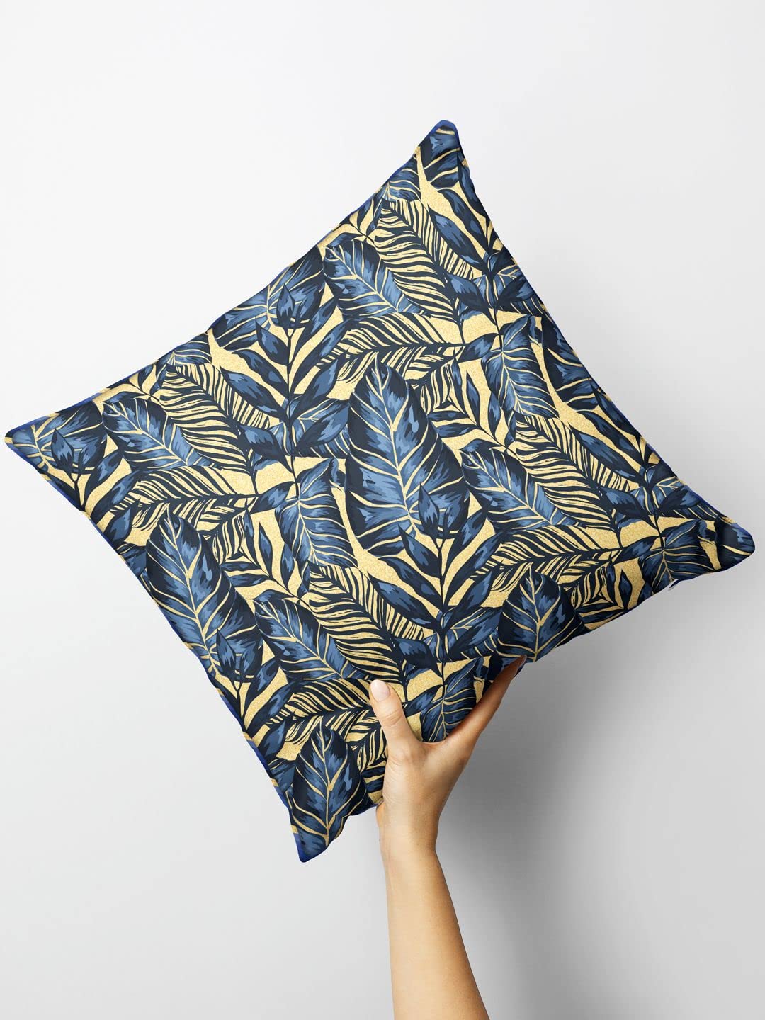 Bianca Designer Reversible Printed Silk Linen Cushion Covers -1pc 16 X16 Size (Suzane) Floral-Abstract-Navy/Gold