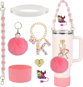 Stanley Cup Accessories Set, Stanley 30 oz 40 oz Tumbler Accessories, Including Silicone Straw Cover Cap and Boot, Water Bottle Handle Strap, Elastic Silicone Ring, Letters Keychain Handle Charm K