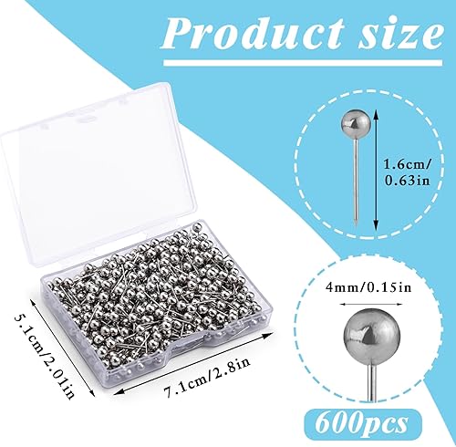 Miniatura 2 de Pnytty 600 alfileres de costura rectos para tela, alfileres de acolchado de 0.63 pulgadas, pequeños alfileres de costura rectos con cabeza de bola