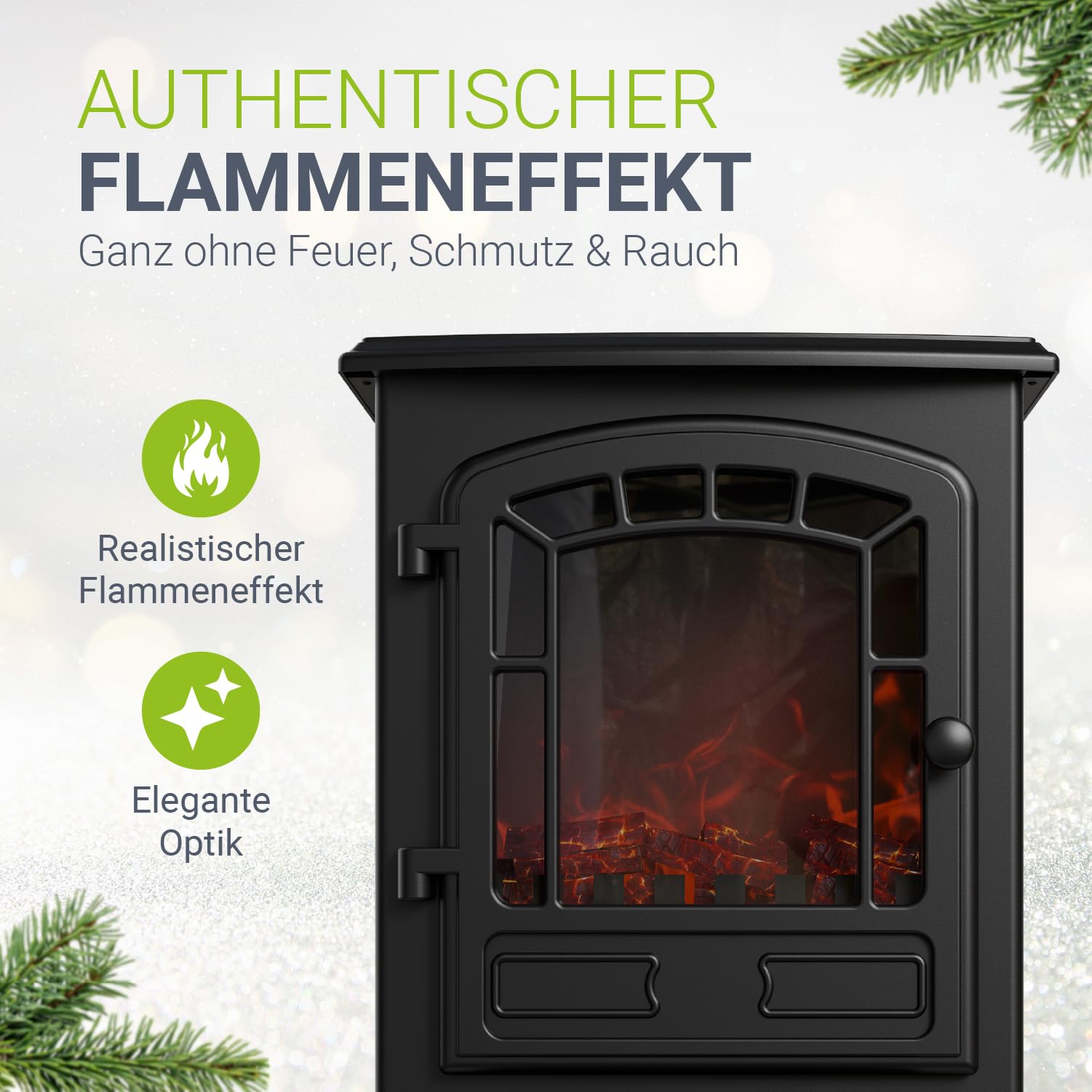 Juskys® Elektrokamin 2000 W — Schwarz, elektrischer Standkamin mit Flammeneffekt, 2 Heizstufen, Thermostat & Sicherheitsabschaltung für Wohnzimmer