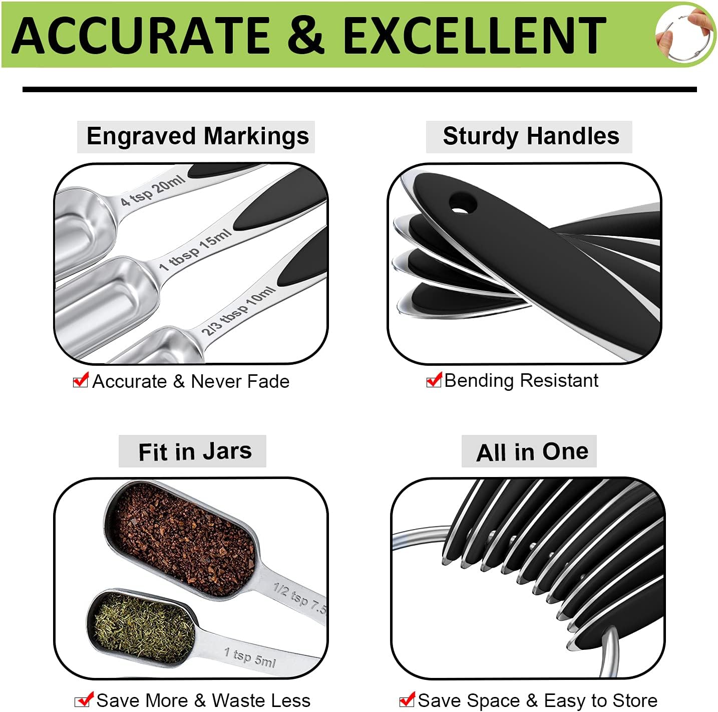 Measuring Cups and Spoons - Wildone Stainless Steel 20 Piece Stackable Set, Includes 8 Black Measuring Cups, 10 Measuring Spoons, 1 Leveler & 1 Whisk, for Dry and Liquid Ingredient image 5