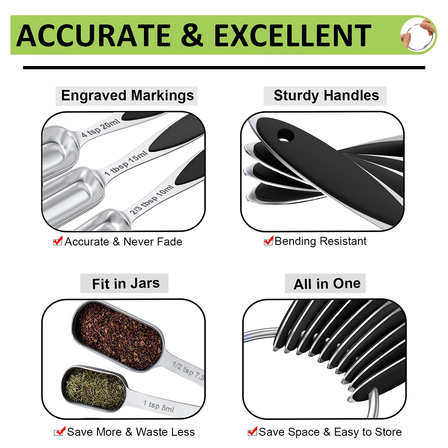 Juego de tazas y cucharas medidoras Wildone de acero inoxidable, 20 piezas, incluye 8 tazas medidoras negras, 10 cucharas medidoras, 1 nivelador y 1 batidor, para ingredientes secos y líquidos