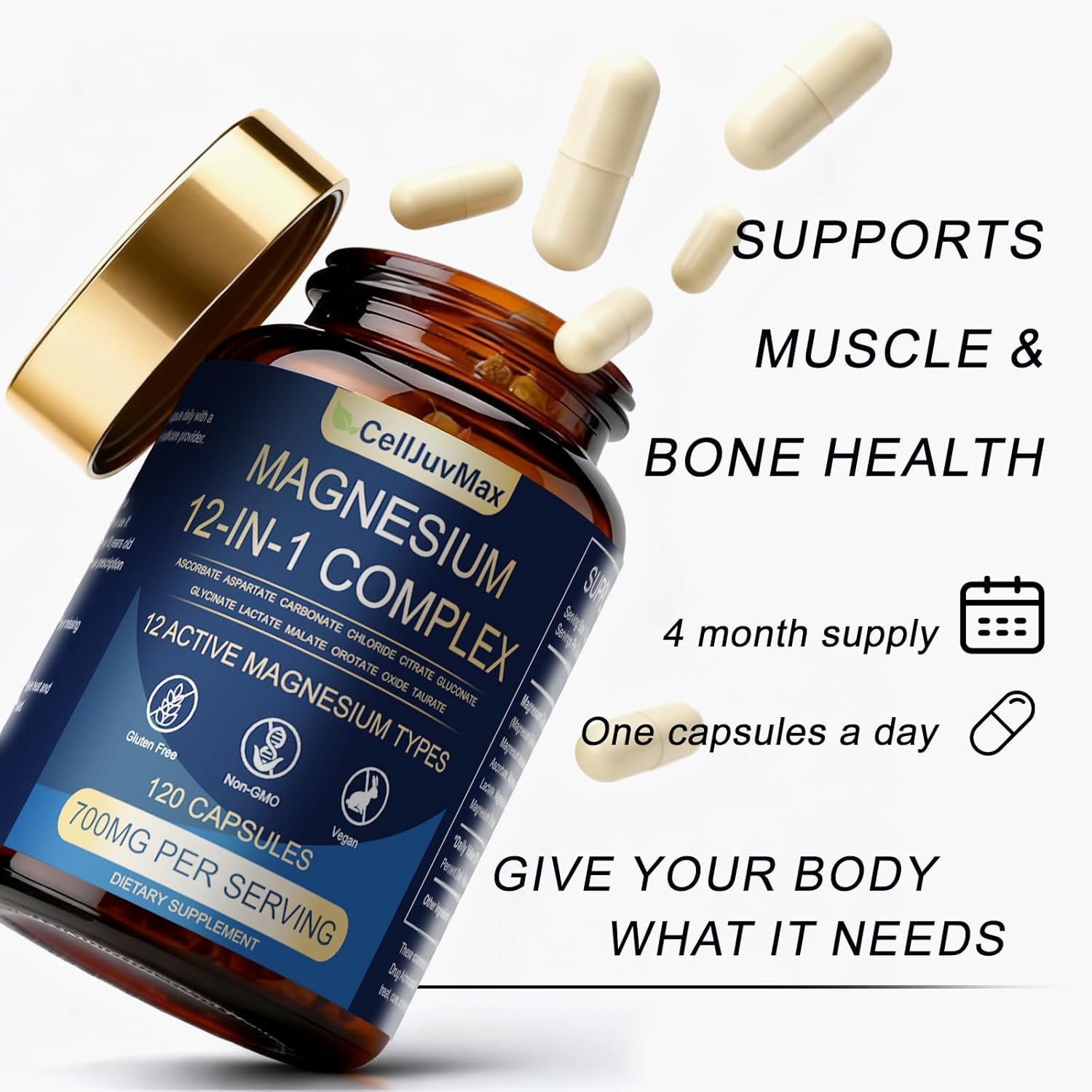 Magnesium 12-in-1 Complex Supplement – 700mg High Absorption Magnesium Glycinate, Citrate, Malate & Taurate Blend for Muscle, Nerve, Sleep Support – 120 Vegan Capsules for Women & Men (1) - Image 5