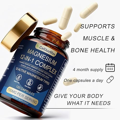 Miniatura 5 de Suplemento complejo de magnesio 12 en 1  Mezcla de glicinato de magnesio de alta absorción de 700 mg de glicinato, citrato, malato y taurato para