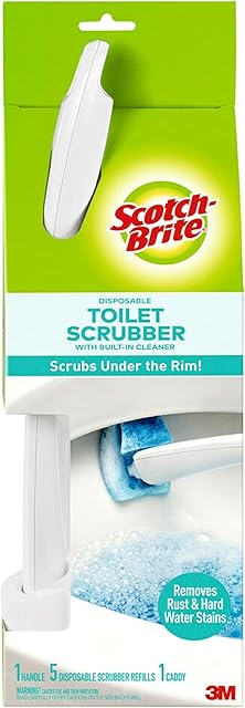 Scotch-Brite Disposable Toilet Scrubber Starter Kit, Disposable Refills with Built-In Bleach Alternative, Includes 1 Handle, Storage Caddy and 5 Refills